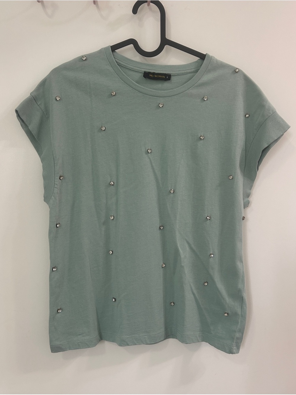 MO Woman Sage Green Rhinestone Embellished Cuffed Short Sleeve Top Tee Size S